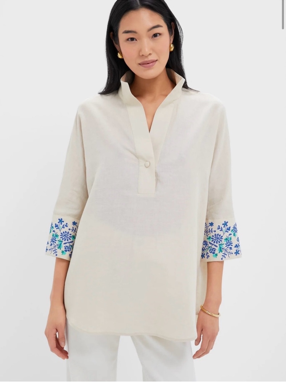 Tuckernuck Tan Floral Cuff Cotton Linen Willow Blouse XXL